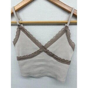 Garage Women's Size Small Cropped Cami Tank Beige, Lace Trimmed Adjustable Strap